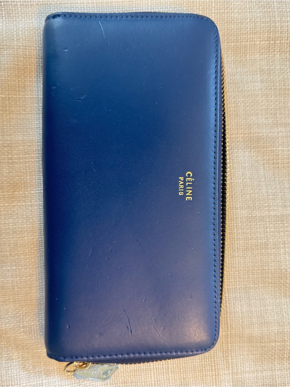 Celine Navy Leather Zip Wallet with Gold Logo